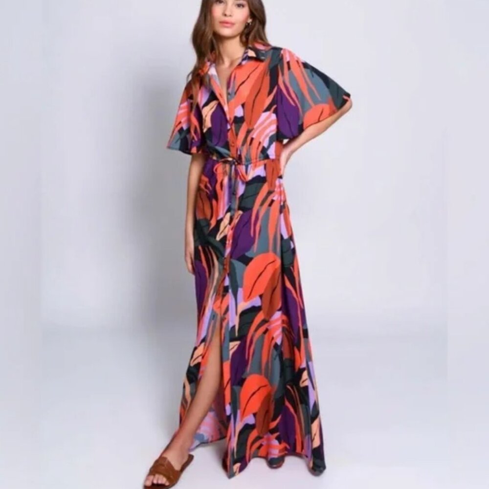 NWT - Hutch Layton Colorful Abstract Maxi Dress in Tropical Foliage Print - Sz M